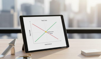 Break-even point chart showing the intersection between total cost and total revenue lines on a Cartesian axis.