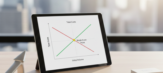 Break-even point chart showing the intersection between total cost and total revenue lines on a Cartesian axis.